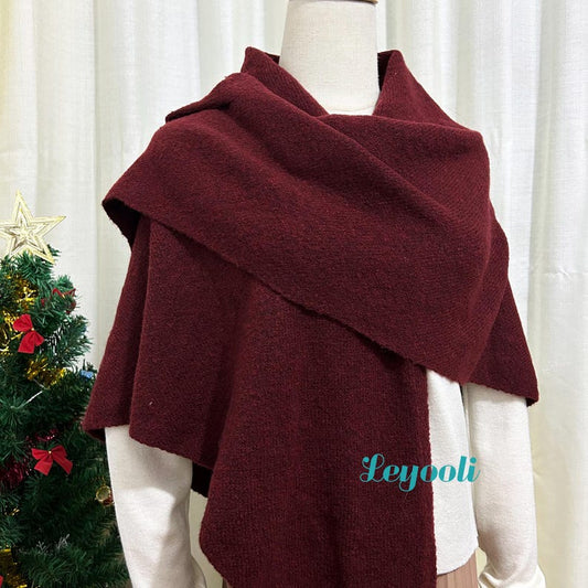 Burgundy Wool Blend Knit Shawl: Cozy Winter Poncho Scarf