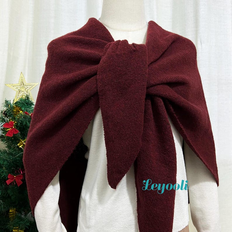 Burgundy Wool Blend Knit Shawl: Cozy Winter Poncho Scarf