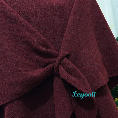 Burgundy Wool Blend Knit Shawl: Cozy Winter Poncho Scarf
