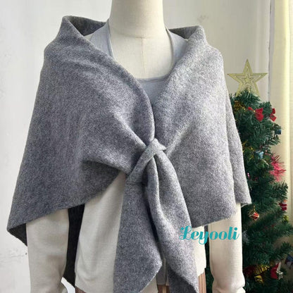 Gray Wool Blend Shawl Wrap | Knitted Loop Scarf, Winter Cape