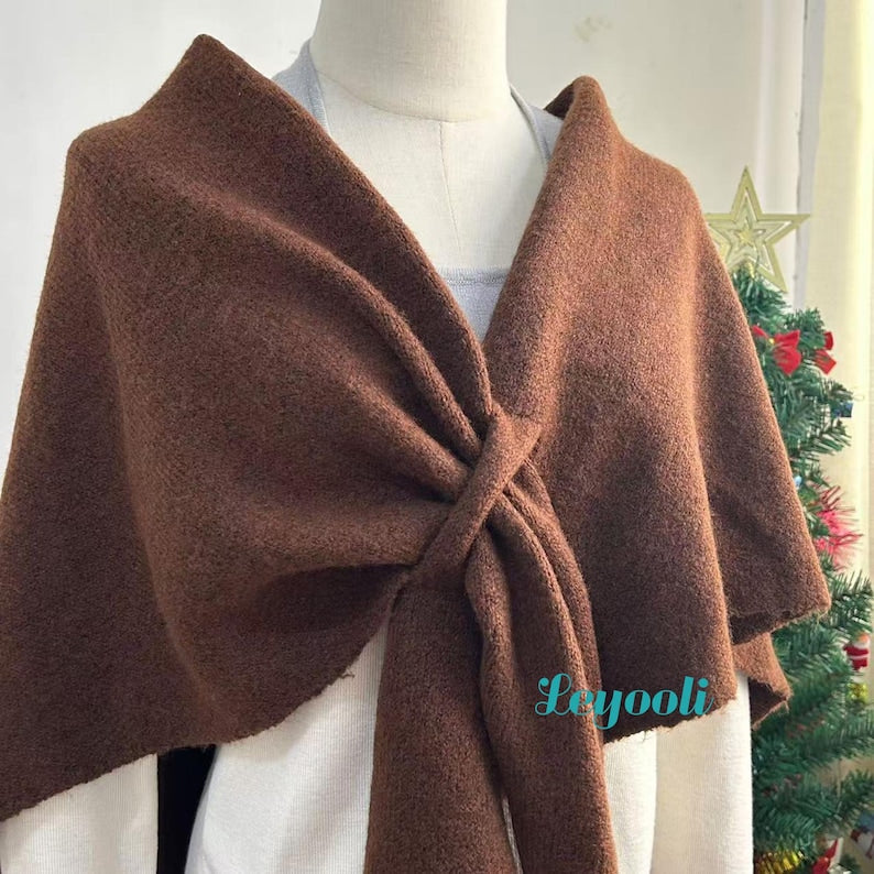 Caramel Wool Blend Shawl Wrap: Handmade Knitted Poncho Cape