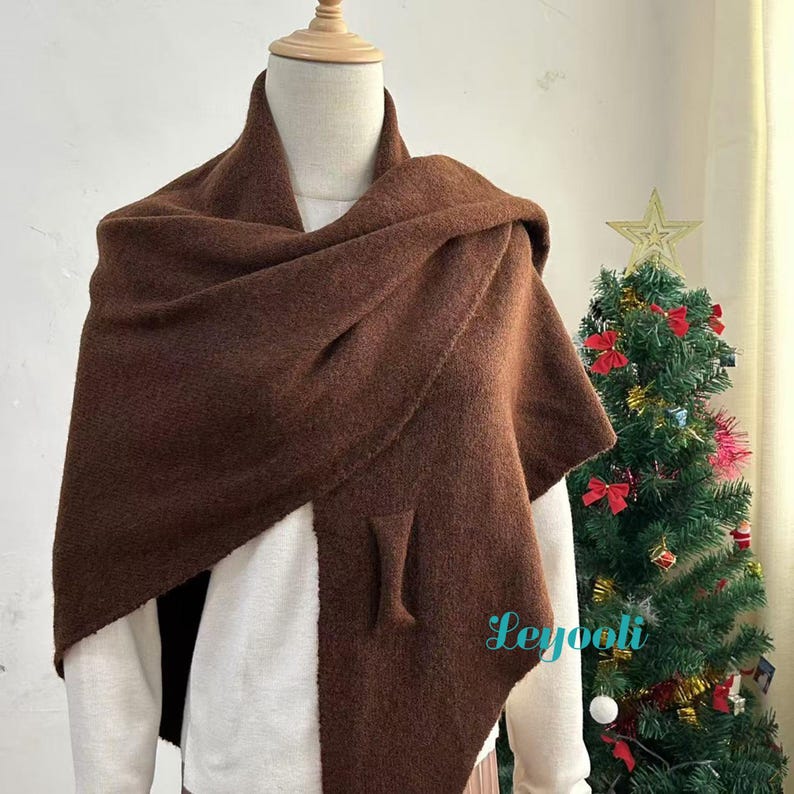 Caramel Wool Blend Shawl Wrap: Handmade Knitted Poncho Cape