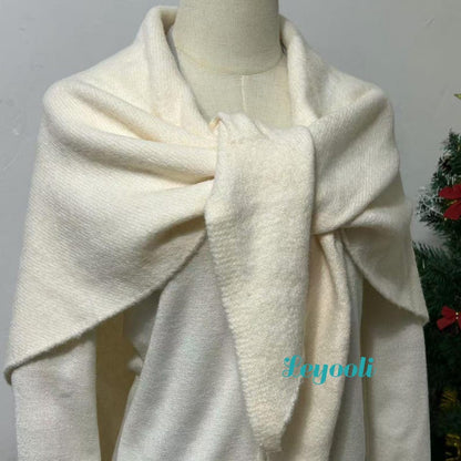 Handmade Cream Wool Blend Shawl: Elegant Winter Poncho Cape
