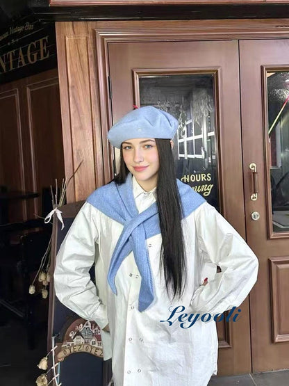 Light Blue Knit Triangle Scarf: Ribbed Neck Shawl with Slot