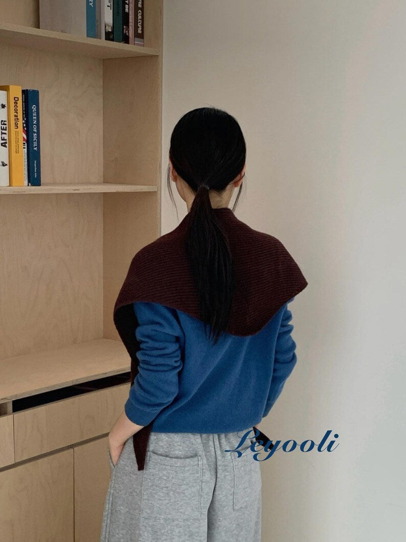 Dark Coffee Knit Triangle Scarf: Ribbed Winter Neck Wrap, Handmade