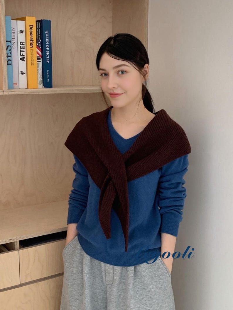 Dark Coffee Knit Triangle Scarf: Ribbed Winter Neck Wrap, Handmade