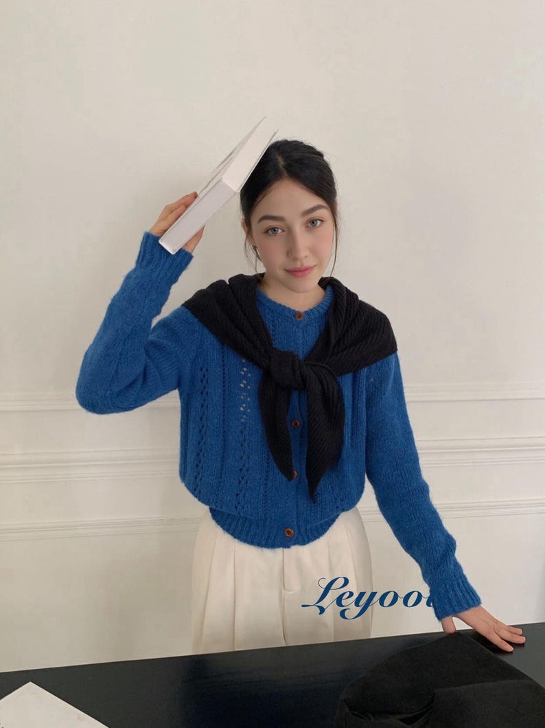 Handmade Black Knit Triangle Scarf - Ribbed Neck Shawl with Slot