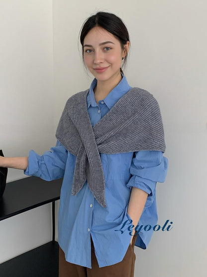 Gray Knit Triangle Scarf: Ribbed Neck Shawl, Winter Accessory