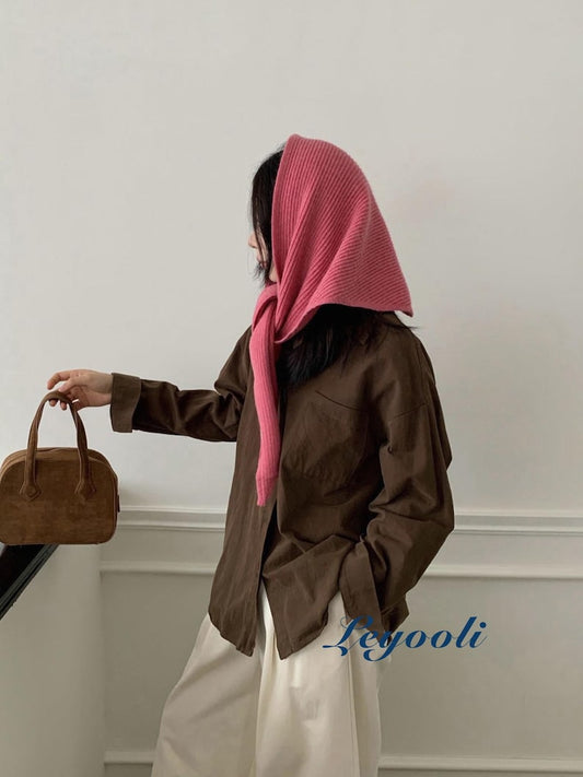 Rose Pink Knit Triangle Scarf: Ribbed Neck Warmer, Winter Shawl