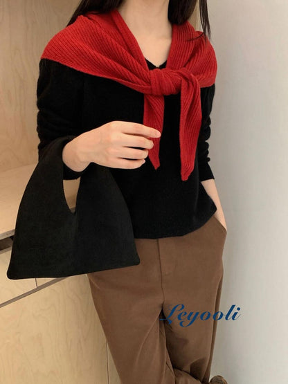 Red Knit Triangle Scarf: Ribbed Slot Neck Shawl