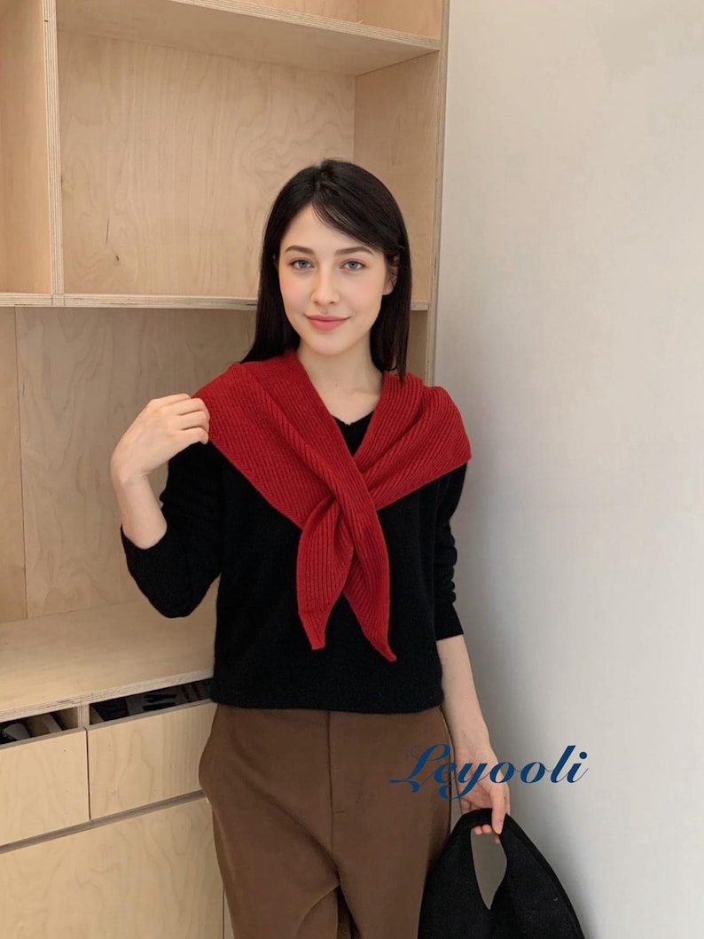 Red Knit Triangle Scarf: Ribbed Slot Neck Shawl