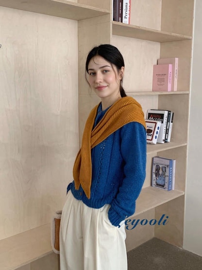 Handmade Mustard Yellow Knit Triangle Scarf, Ribbed Autumn Shawl