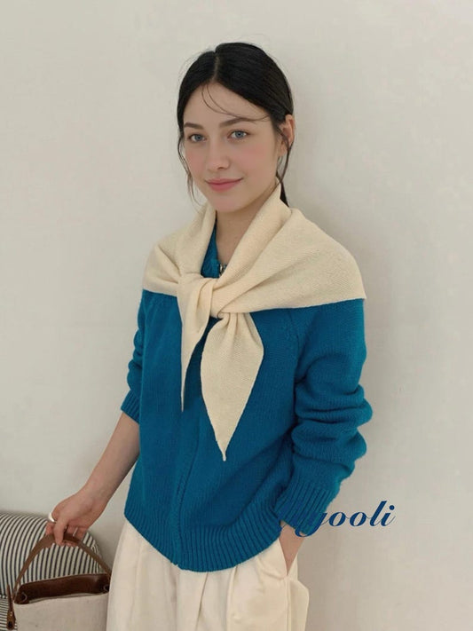 Cream White Wool Knit Triangle Scarf - Soft Ribbed Shawl Wrap