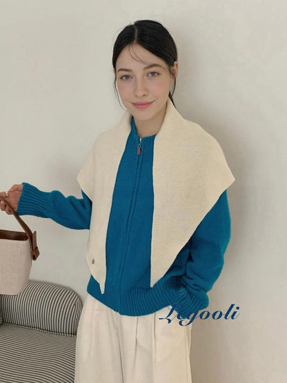 Cream White Wool Knit Triangle Scarf - Soft Ribbed Shawl Wrap