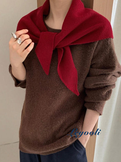 Wine Red 100% Wool Knit Triangle Scarf, Elegant Ribbed Wrap, Classic Winter Shawl