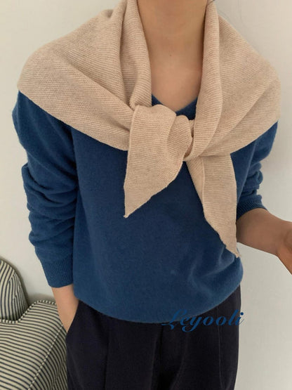 Beige 100% Wool Triangle Scarf, Soft Knit Shawl, Minimalist Neutral Winter Wrap