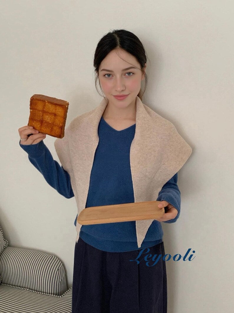 Beige 100% Wool Triangle Scarf, Soft Knit Shawl, Minimalist Neutral Winter Wrap