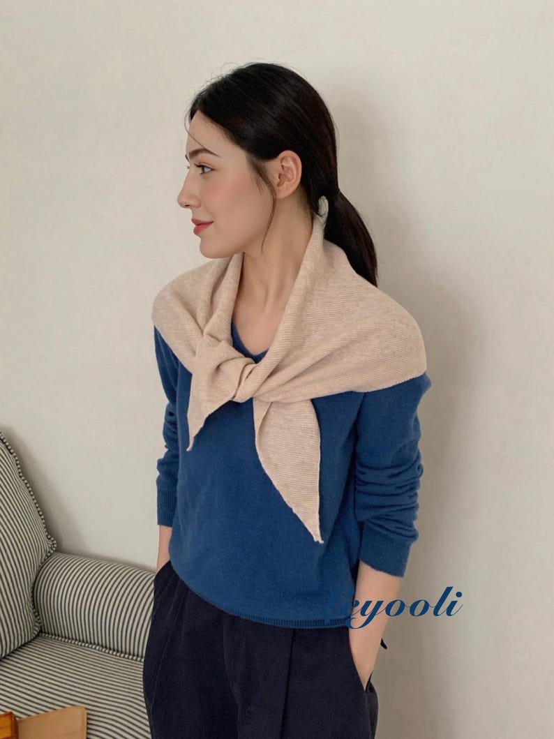 Beige 100% Wool Triangle Scarf, Soft Knit Shawl, Minimalist Neutral Winter Wrap