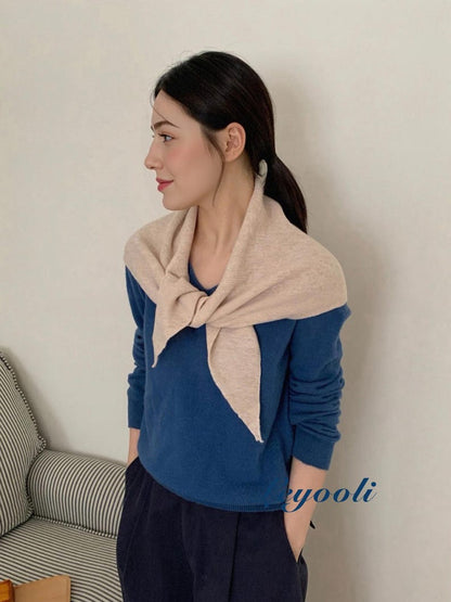 Beige 100% Wool Triangle Scarf, Soft Knit Shawl, Minimalist Neutral Winter Wrap