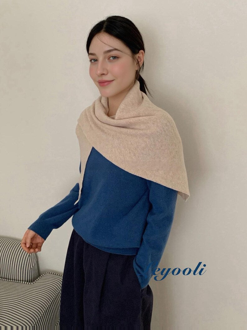 Beige 100% Wool Triangle Scarf, Soft Knit Shawl, Minimalist Neutral Winter Wrap