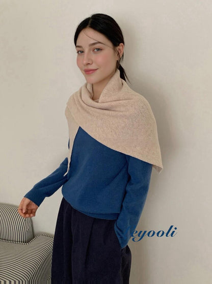 Beige 100% Wool Triangle Scarf, Soft Knit Shawl, Minimalist Neutral Winter Wrap