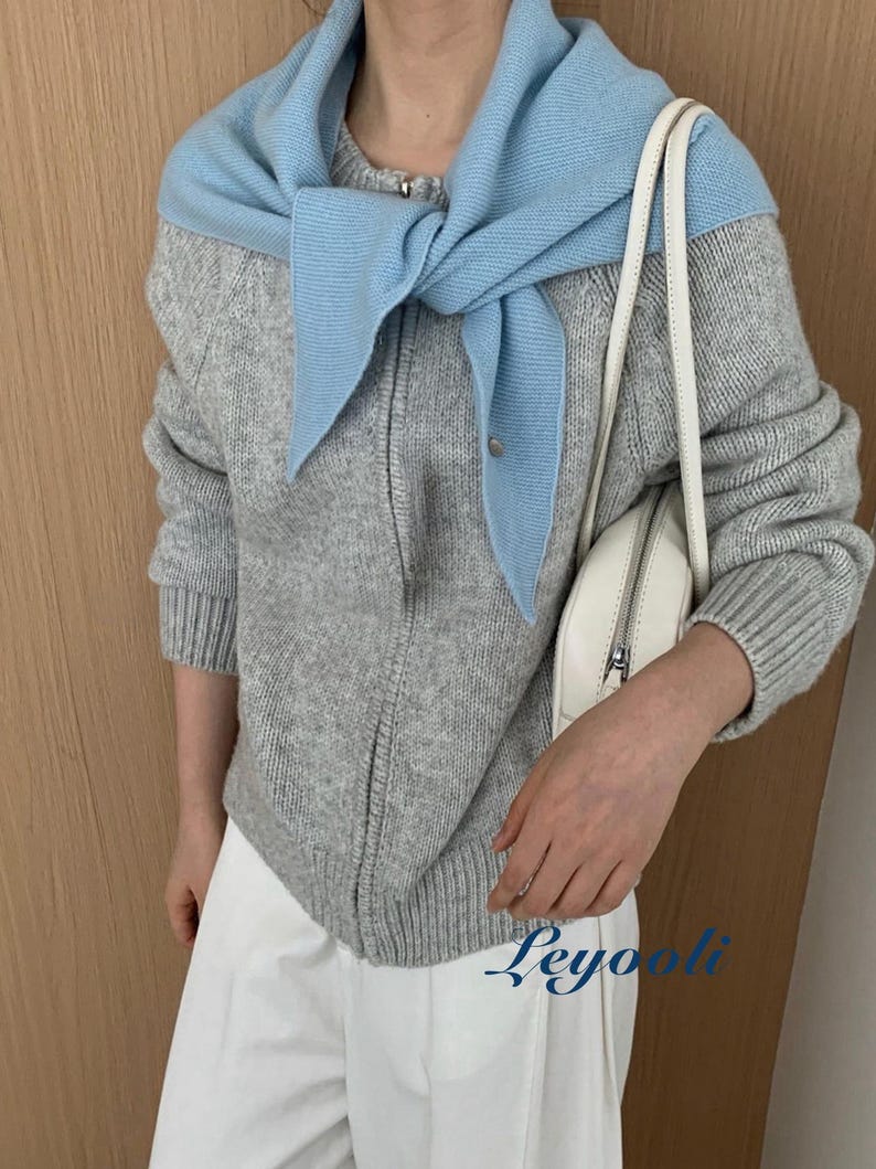 Sky Blue 100% Wool Triangle Scarf, Soft Knit Wrap, Cozy Minimalist Shawl Gift