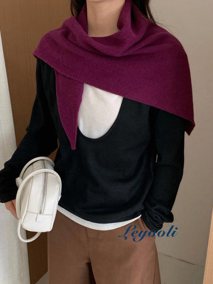 Deep Grape Wool Triangle Scarf: Ribbed Knit Winter Shawl