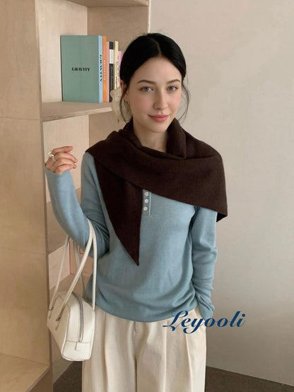 Chestnut Brown 100% Wool Knit Triangle Scarf, Warm Ribbed Shawl, Handmade Cozy Wrap