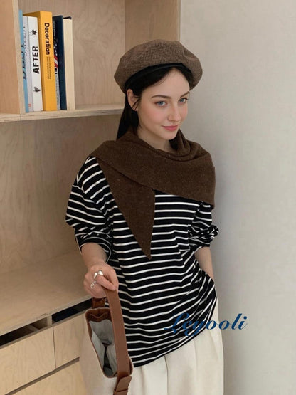 Speckled Brown 100% Wool Knit Triangle Scarf, Cozy Ribbed Shawl, Handmade Neutral Wrap