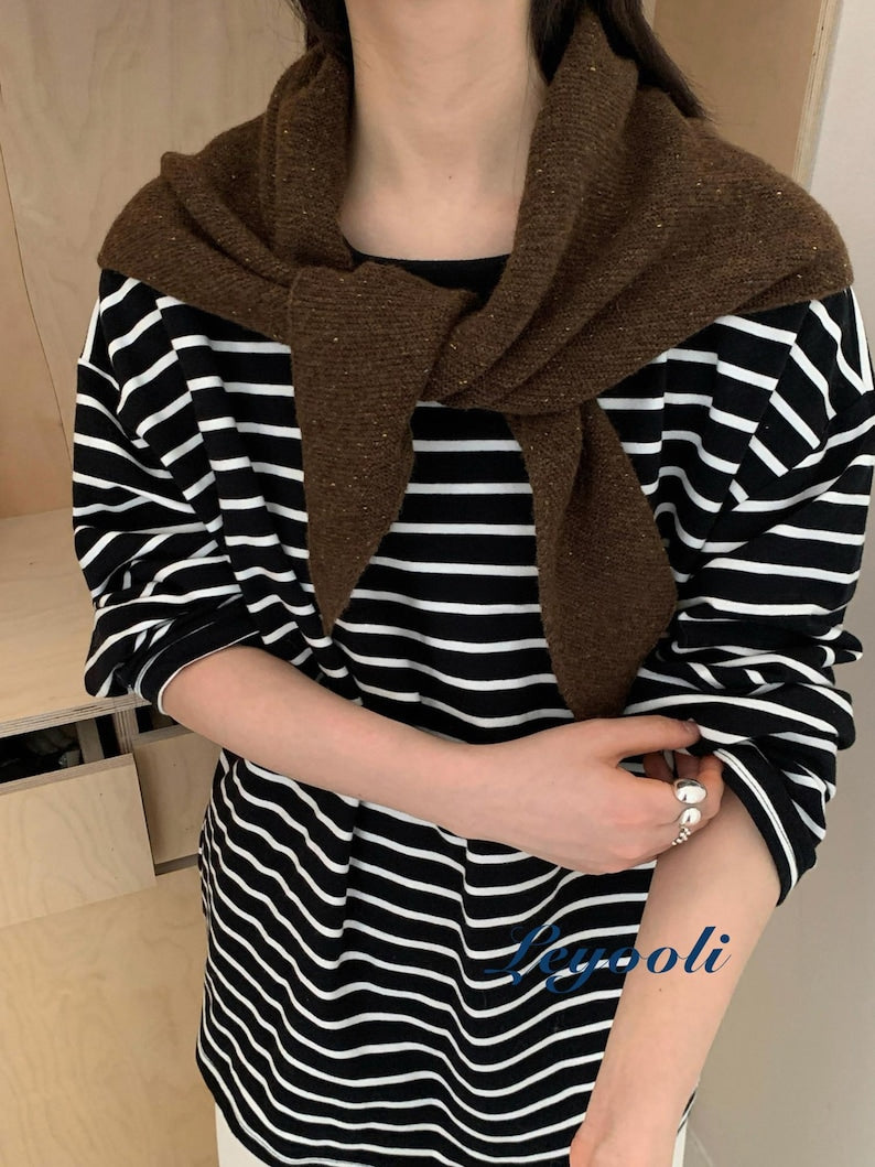 Speckled Brown 100% Wool Knit Triangle Scarf, Cozy Ribbed Shawl, Handmade Neutral Wrap