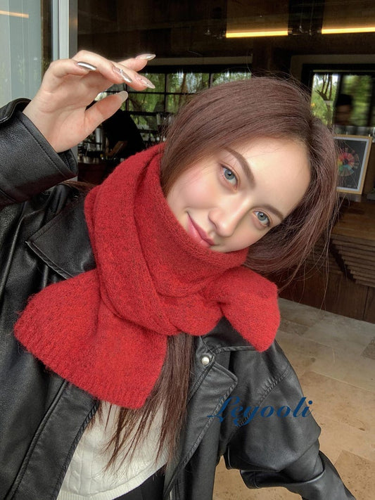 Berry Red Wool Blend Knit Scarf: Handmade Winter Shawl