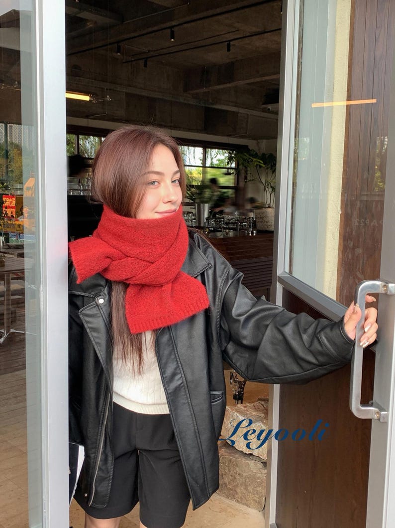 Berry Red Wool Blend Knit Scarf: Handmade Winter Shawl