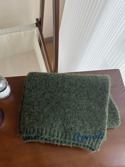 Handmade Forest Green Wool Blend Scarf: Cozy Knit Shawl