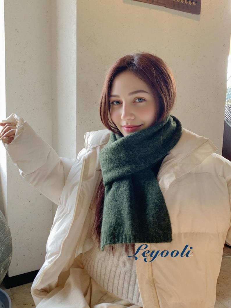 Handmade Forest Green Wool Blend Scarf: Cozy Knit Shawl