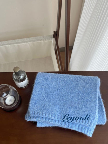 Handmade Sky Blue Wool Blend Knit Scarf: Fluffy Winter Shawl