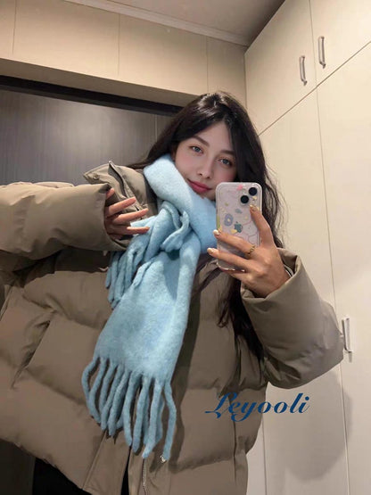 Sky Blue Wool Blend Scarf: Handmade Knit Winter Shawl