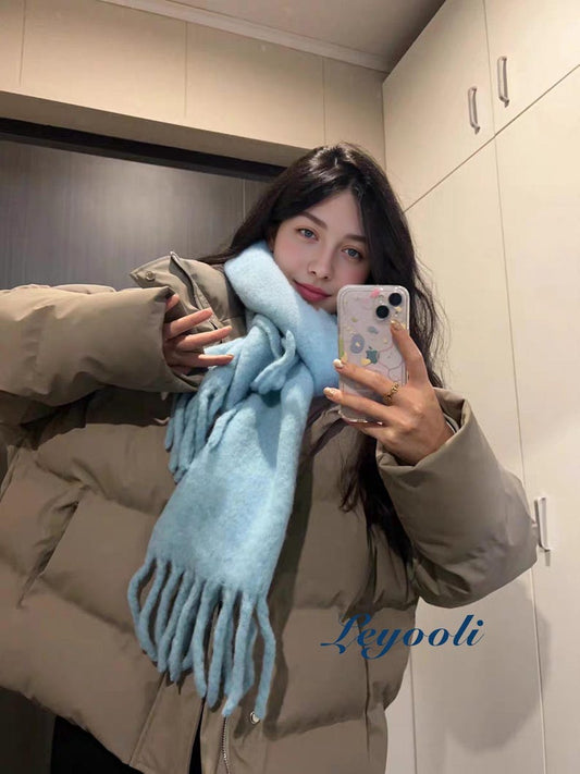 Sky Blue Wool Blend Scarf: Handmade Knit Winter Shawl