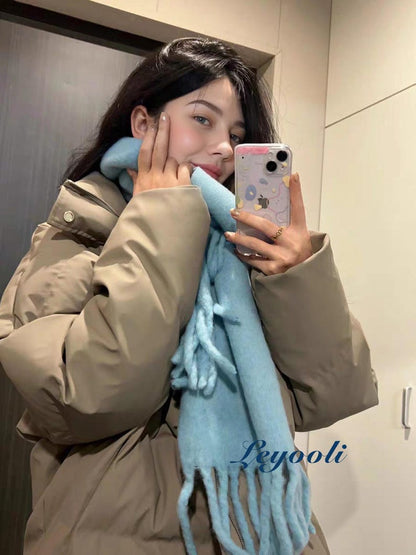 Sky Blue Wool Blend Scarf: Handmade Knit Winter Shawl