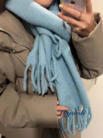 Sky Blue Wool Blend Scarf: Handmade Knit Winter Shawl