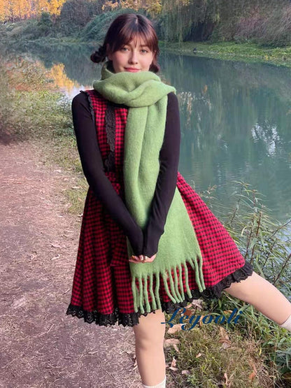 Green Wool Blend Fringe Scarf: Handmade Winter Mohair Feel Shawl