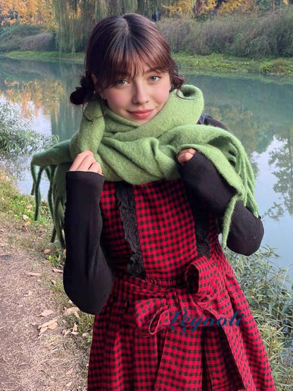 Green Wool Blend Fringe Scarf: Handmade Winter Mohair Feel Shawl