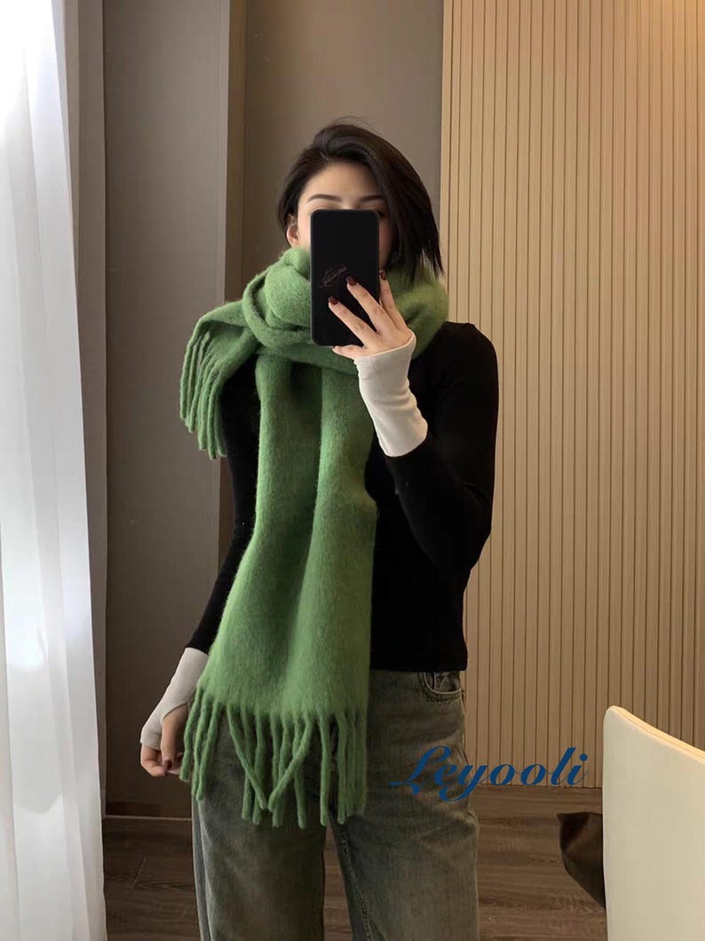 Green Wool Blend Fringe Scarf: Handmade Winter Mohair Feel Shawl