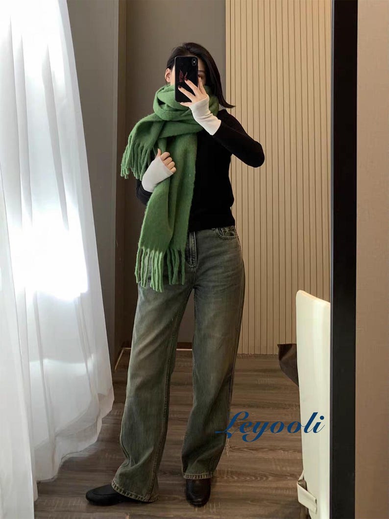 Green Wool Blend Fringe Scarf: Handmade Winter Mohair Feel Shawl