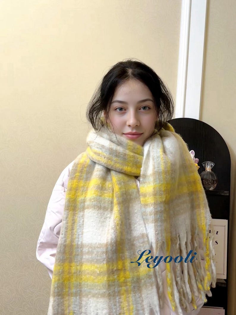 Yellow Plaid Mohair Blend Scarf: Soft Fluffy Winter Shawl