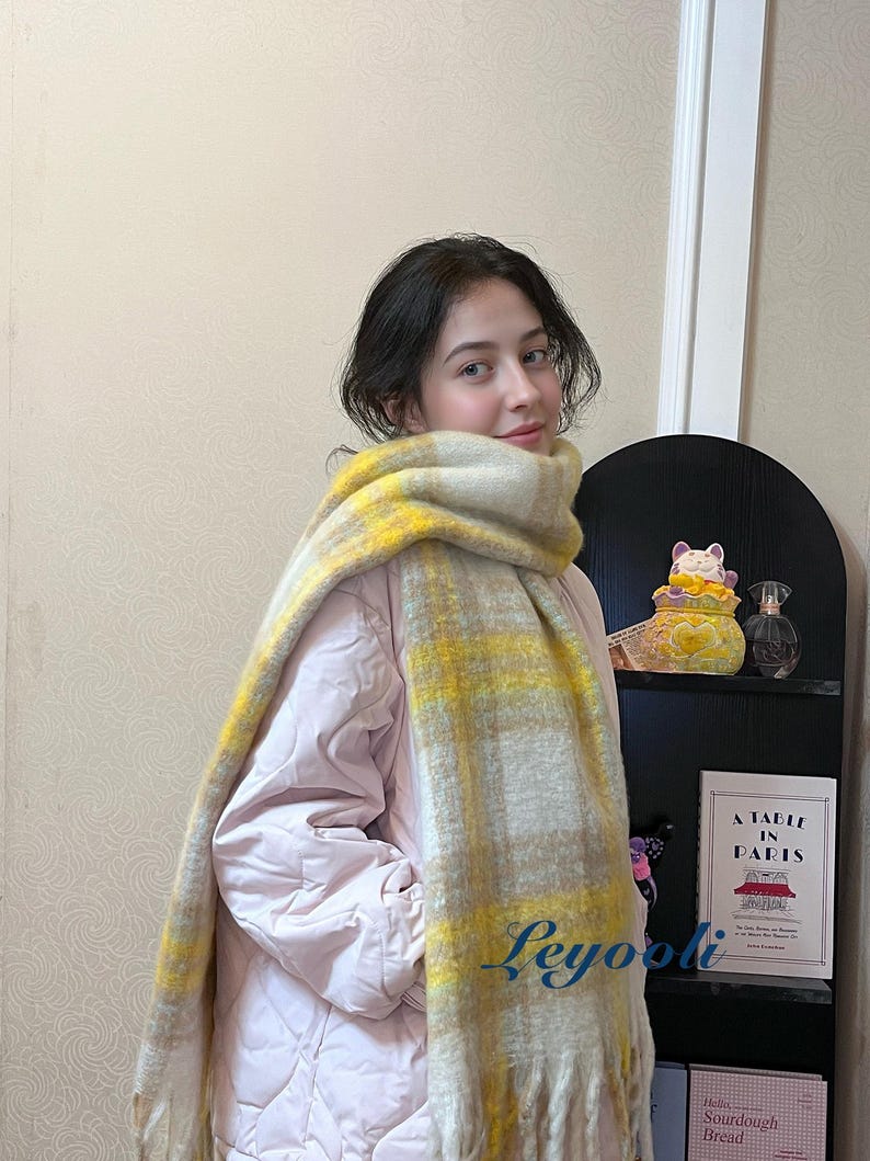 Yellow Plaid Mohair Blend Scarf: Soft Fluffy Winter Shawl