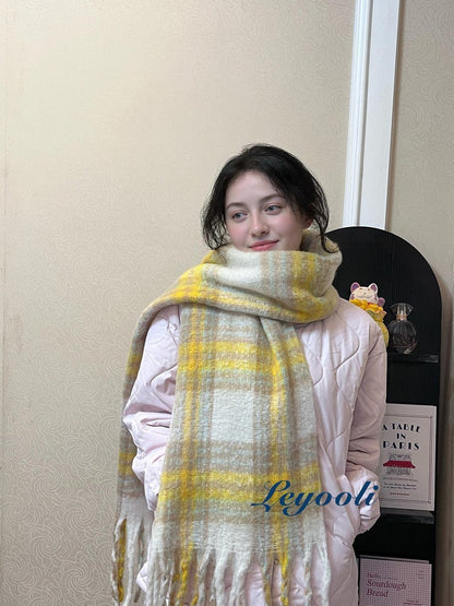 Yellow Plaid Mohair Blend Scarf: Soft Fluffy Winter Shawl