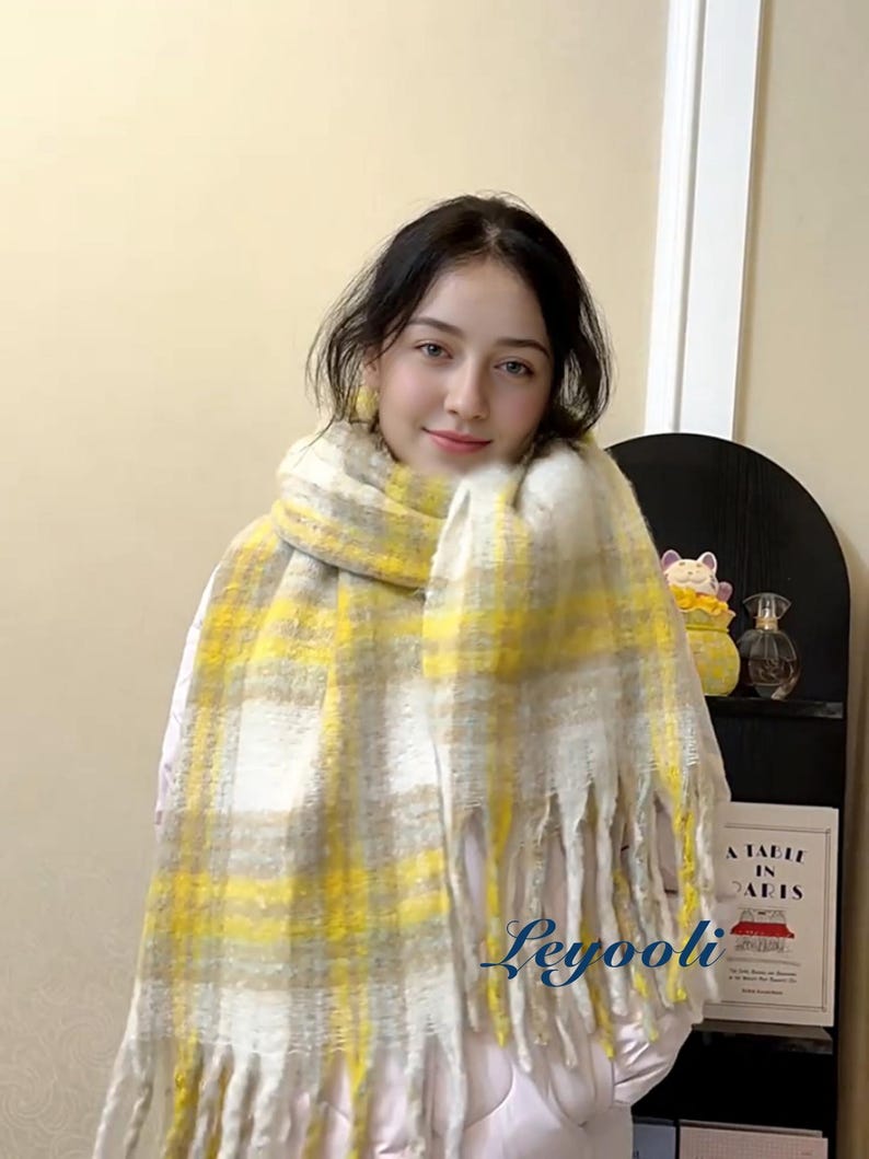 Yellow Plaid Mohair Blend Scarf: Soft Fluffy Winter Shawl