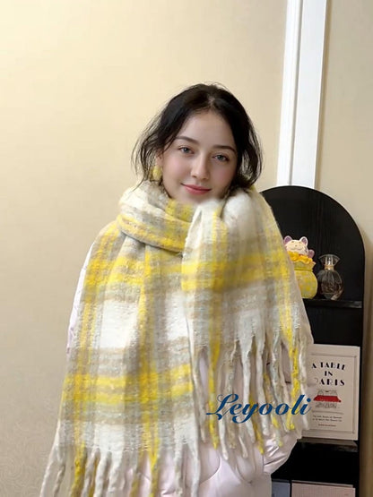 Yellow Plaid Mohair Blend Scarf: Soft Fluffy Winter Shawl