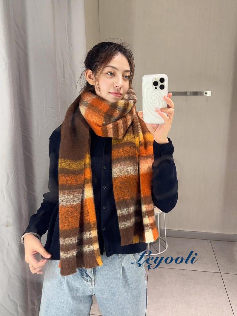 Orange Brown Plaid Mohair Scarf: Cozy Winter Accessory