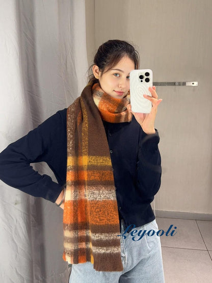 Orange Brown Plaid Mohair Scarf: Cozy Winter Accessory